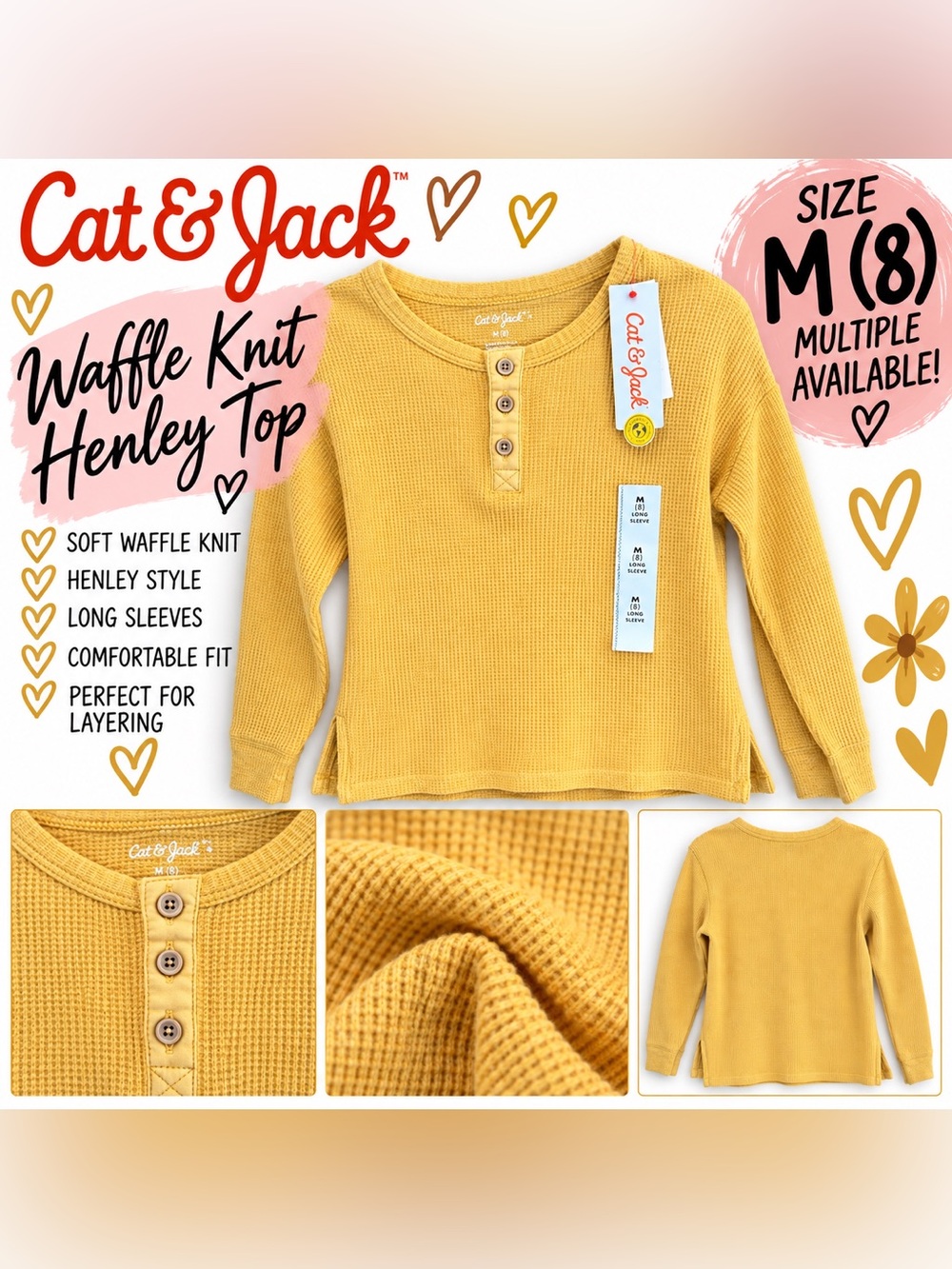 Cat & Jack Kids' Mustard Waffle Knit Henley Top